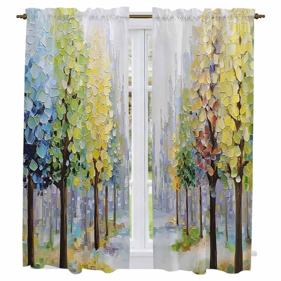Autumn Forest Kitchen Curtains 63 Inch Length, Birch Trees Oil Painting Art Tiers Curtains for Living Room Berdoom Bathroom, Light Filtering Drapes Rod Pocket Window Treatment 2 Panels 42"Wx63"L