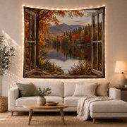 Autumn Forest Lake with Rustic Wooden Window, Serene Rustic for Nature Lovers, Scenic Wall Art Decor, Christmas Gift Tapestry Wall Hanging for Bedroom and Living Room