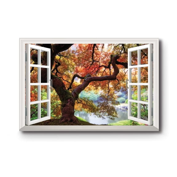 Autumn Forest Lake Window View Wall Art Print, Nature Decor