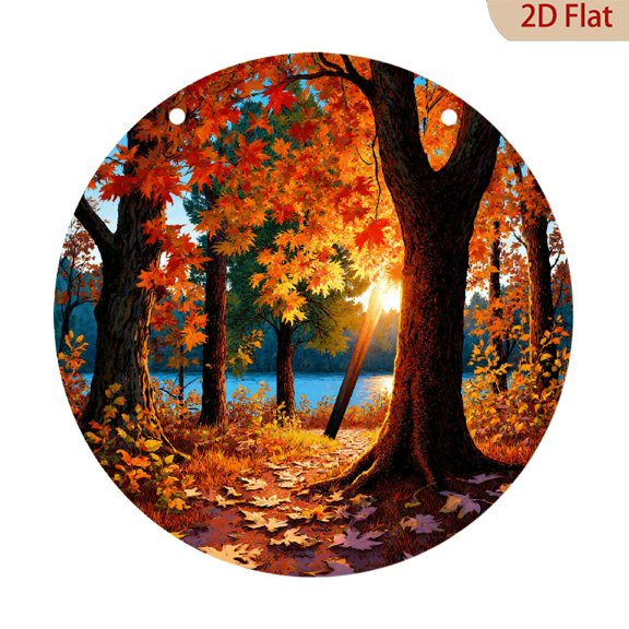 Autumn Forest Landscape Round Aluminum Wall Art, Vibrant Fall Foliage Scenic Metal Decor for Home Living Room Bedroom, 8 x 8 Inch Picture Print