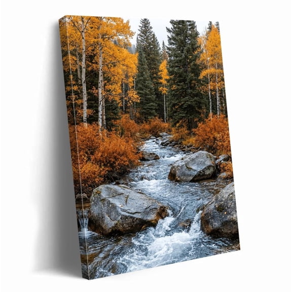 Autumn Forest Landscape Wall Art Nature River Stream Arts Orange Fall Foliage Aspen Tree Decor For Living Room Rustic Scenic, Unframed Paper Print