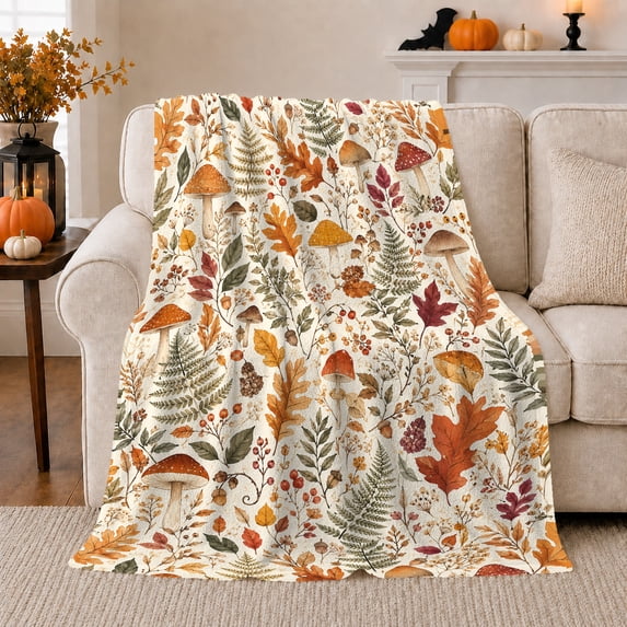 Autumn Forest Mushroom Oak Leaf, Rustic Botanical Portrait, Warm Flannel Blanket for Cabin and Lodge with Detailed Artwork, Garden Lovers Thanksgiving Gift, Rustic Home Decor
