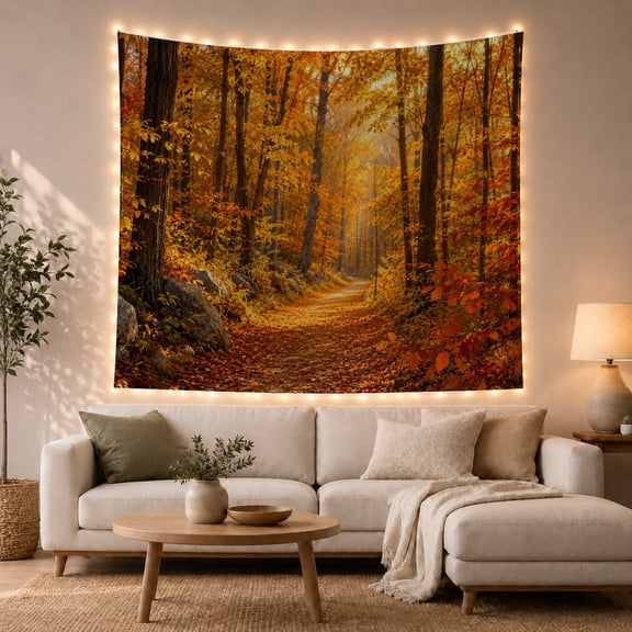 Autumn Forest Path Beneath Golden Leaves, Cozy Digital Art for Nature Lovers, Woodland Wall Art, Housewarming Gift, Tapestry Wall Hanging for Bedroom and Living Room