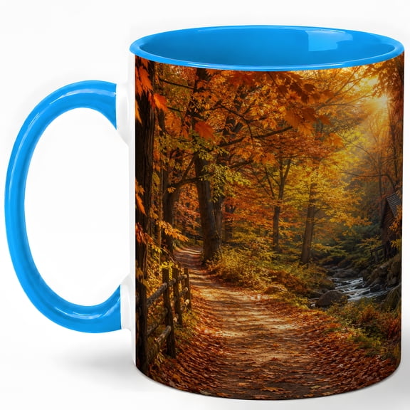 Autumn Forest Path Coffee Mug, Cozy Nature Mug, Fall Birthday Thanksgiving Christmas Gift, Golden Leaves Creek Cabin Landscape Art, 11 oz White Ceramic Coffee Cup for Tea Lover