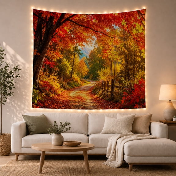 Autumn Forest Path Under Golden Sunlight, Peaceful Illustration for Nature Lovers, Woodland Wall Art, Housewarming Gift, Tapestry Wall Hanging for Living Room and Bedroom