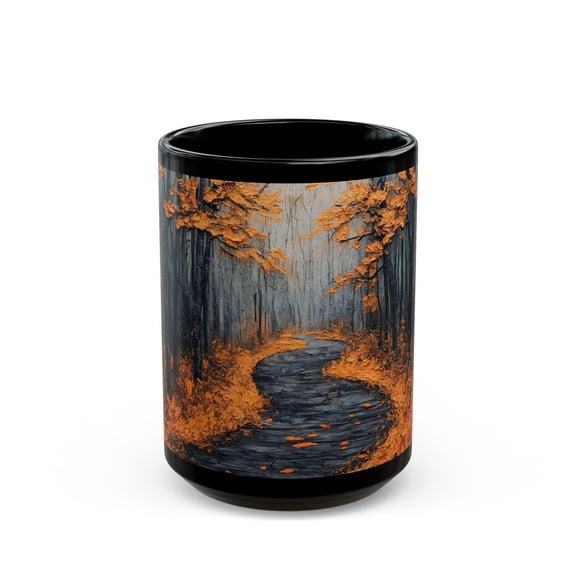 Autumn Forest Path Mug Dark Fall Coffee Cup with Leaves Rustic Seasonal Design Black Cozy Nature Mug