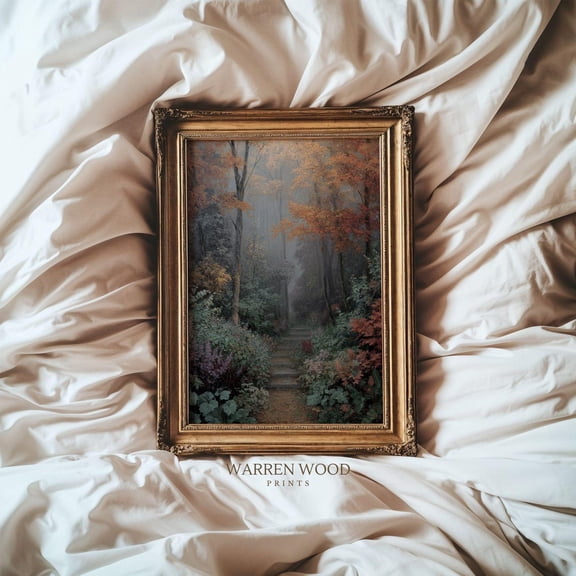 Autumn Forest Path Print, Rustic Fall Wall Art, Vintage Woodland Pathway, Neutral Autumn Home Decor, Country Artwork, Fall Print Home Decor #1628, Stretched Canvas Size 8x12