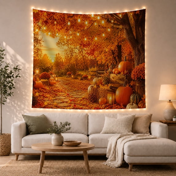 Autumn Forest Path Pumpkins Cozy Rustic Farmhouse for Nature Lovers Harvest Wall Art Thanksgiving Gift Tapestry Wall Hanging for Living Room and Bedroom