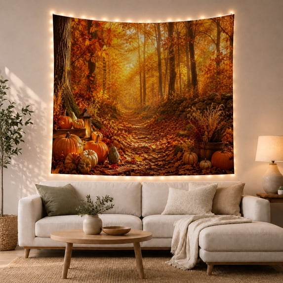 Autumn Forest Path with Pumpkins and Lantern, Cozy Rustic for Nature Lovers, Seasonal Harvest Wall Art, Thanksgiving Gift Tapestry Wall Hanging for Bedroom and Living Room