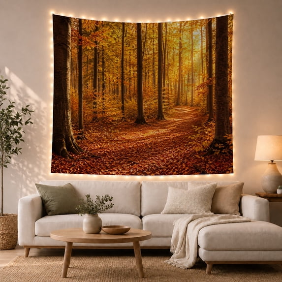 Autumn Forest Path with Rust Leaves and Golden Haze, Cozy Rustic for Nature Lovers, Tranquil Woodland Wall Art, Thanksgiving Gift, Tapestry Wall Hanging for Bedroom and Living Room