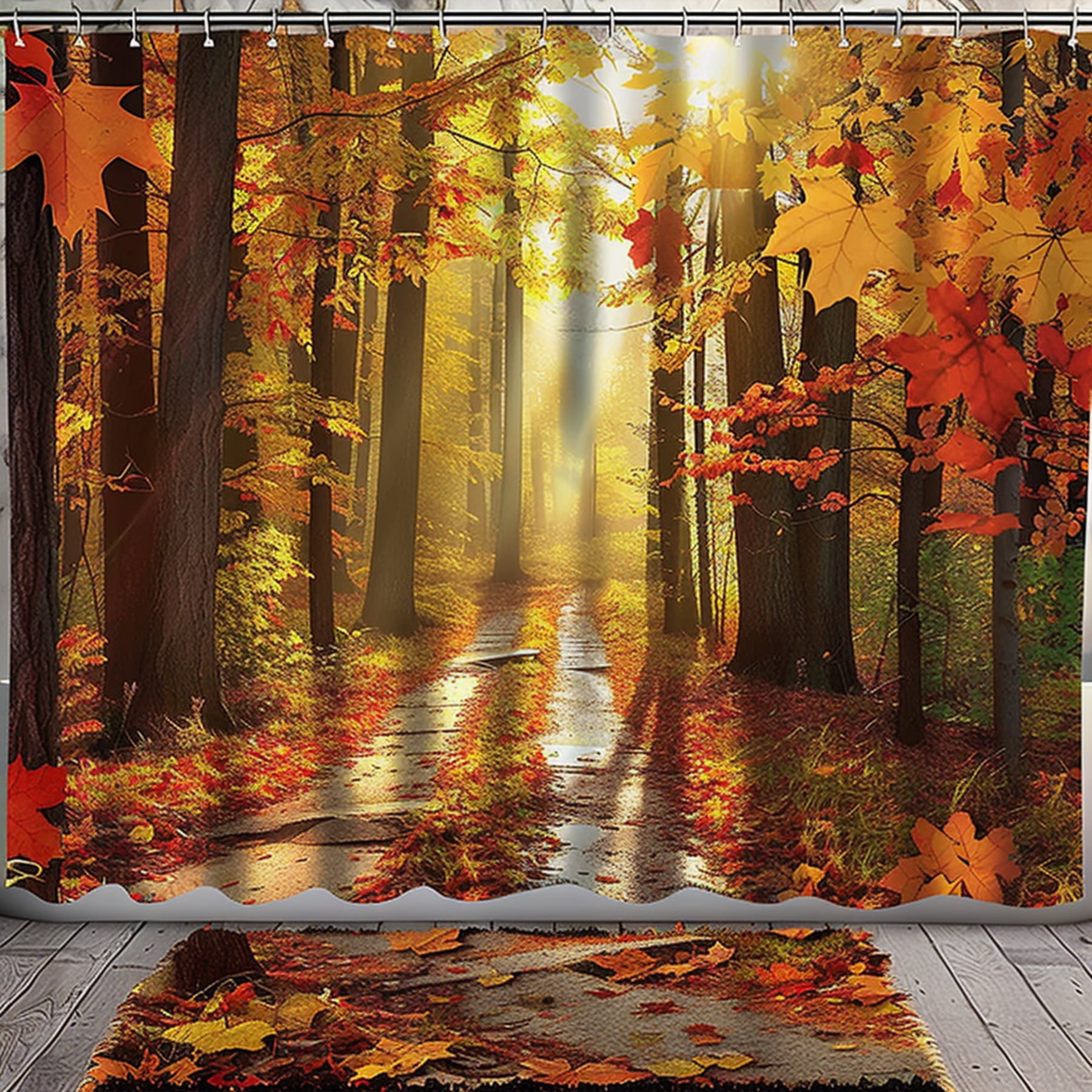 Autumn Forest Path Shower Curtain Set with Colorful Leaves and Sunlight