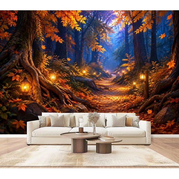 Autumn Forest Pathway Wallpaper Enchanting pathway lanterns colorful Peel and Stick Wall Murals 100"H x 144"W Removable PVC Wall Paper Self-Adhesive Wall Decor for Bedroom Living Room