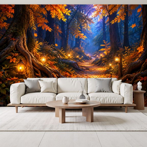 Autumn Forest Pathway Wallpaper Enchanting pathway lanterns colorful Peel and Stick Wall Murals 69"H x 96"W Removable PVC Wall Paper Self-Adhesive Wall Decor for Bedroom Living Room