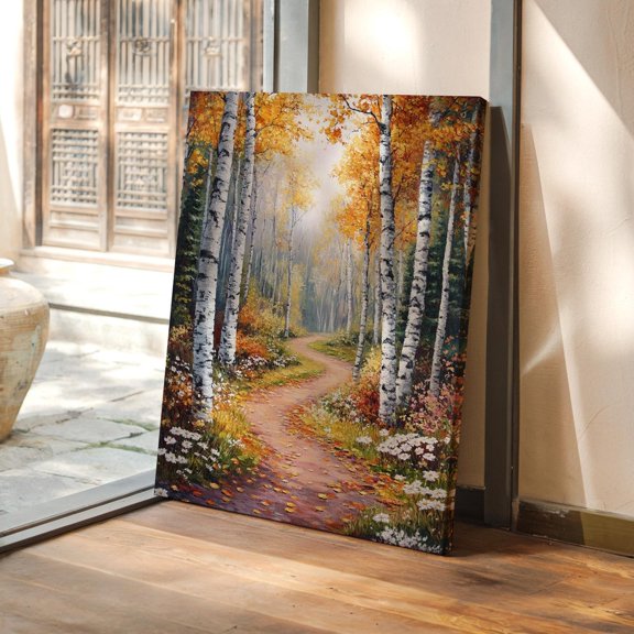 Autumn Forest Pathway With Birch Trees And Wildflowers – Vibrant Fall Landscape Art Wall Art, Modern Wall Decor, 8x12 UNFRAMED