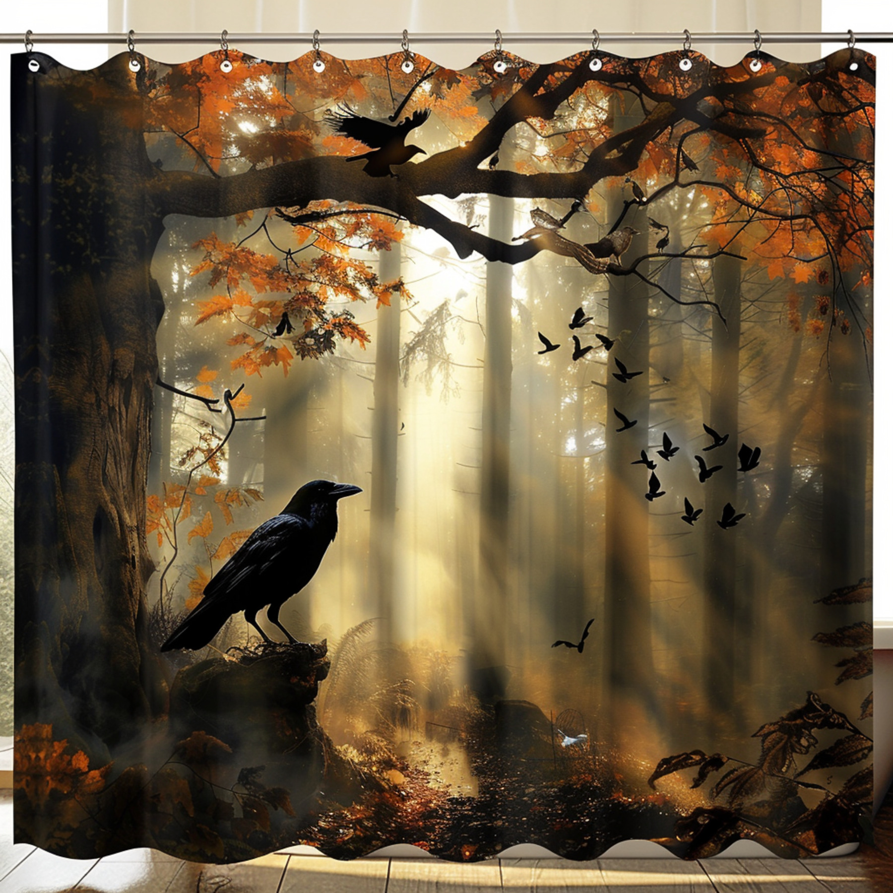 Autumn Forest Raven Shower Curtain Nature Scene Heavy Fabric Warm