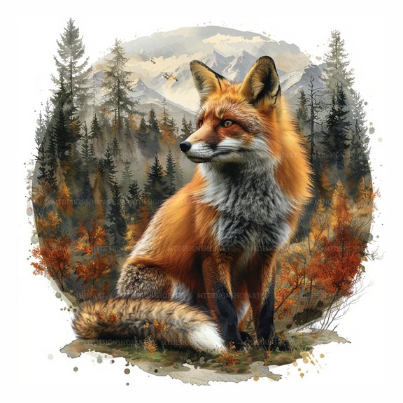 Autumn Forest Red Fox Wildlife Art Wall Poster Rustic Woodland Fox Nature Illustration Decor 8x12 UNFRAMED
