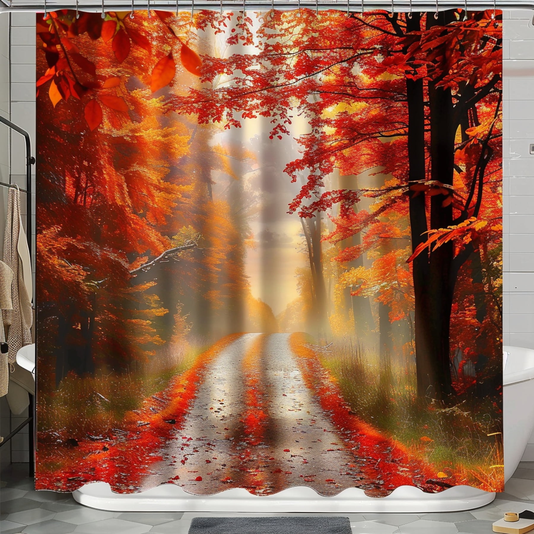 Autumn Forest Red Leaves Shower Curtain Hyper Realistic Landscape 