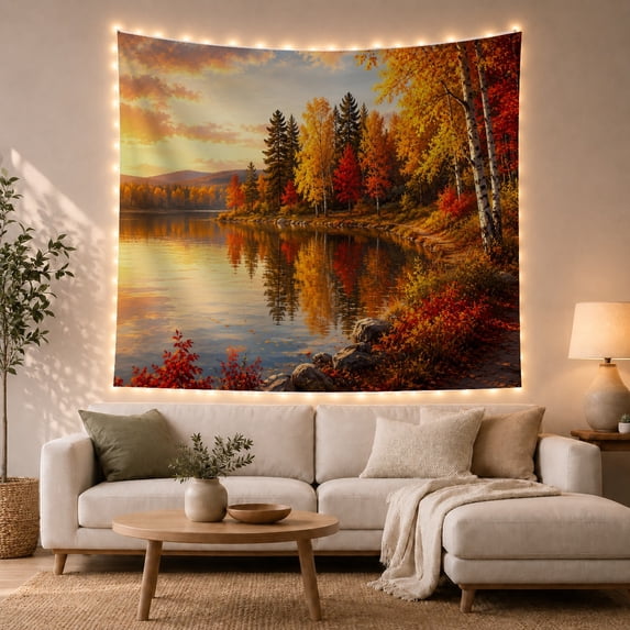 Autumn Forest Reflections in a Tranquil Lake, Calming Rustic for Nature Lovers, Scenic Landscape Wall Art, Housewarming Gift, Tapestry Wall Hanging for Living Room and Bedroom