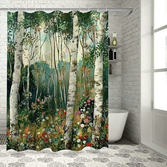 Autumn Forest Retreat: Waterproof Birch Tree Shower Curtain with Hooks – Durable & Eco-Friendly, Perfect for Modern Home Decor