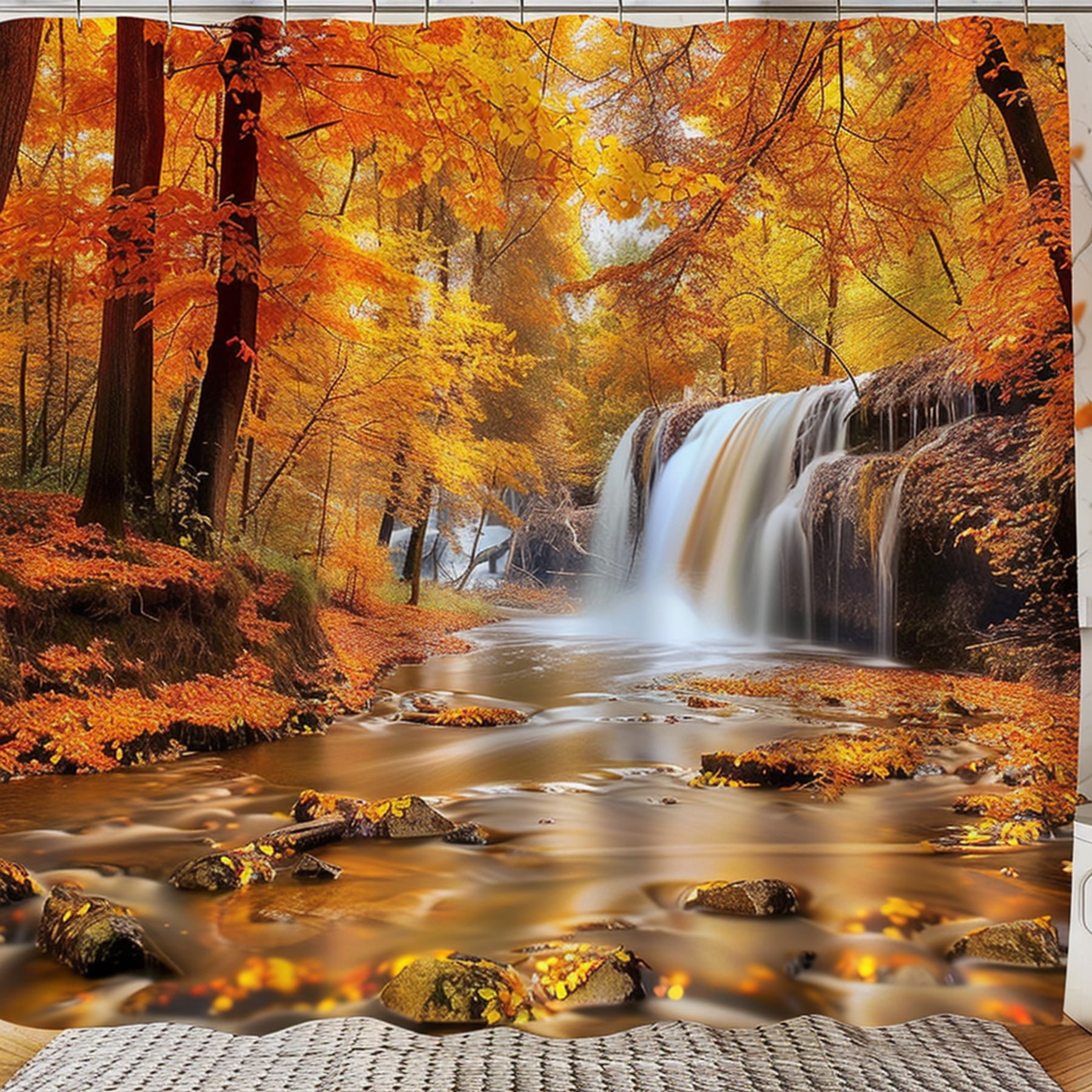 Autumn Forest River Shower Curtain Hyperrealistic photo with orange