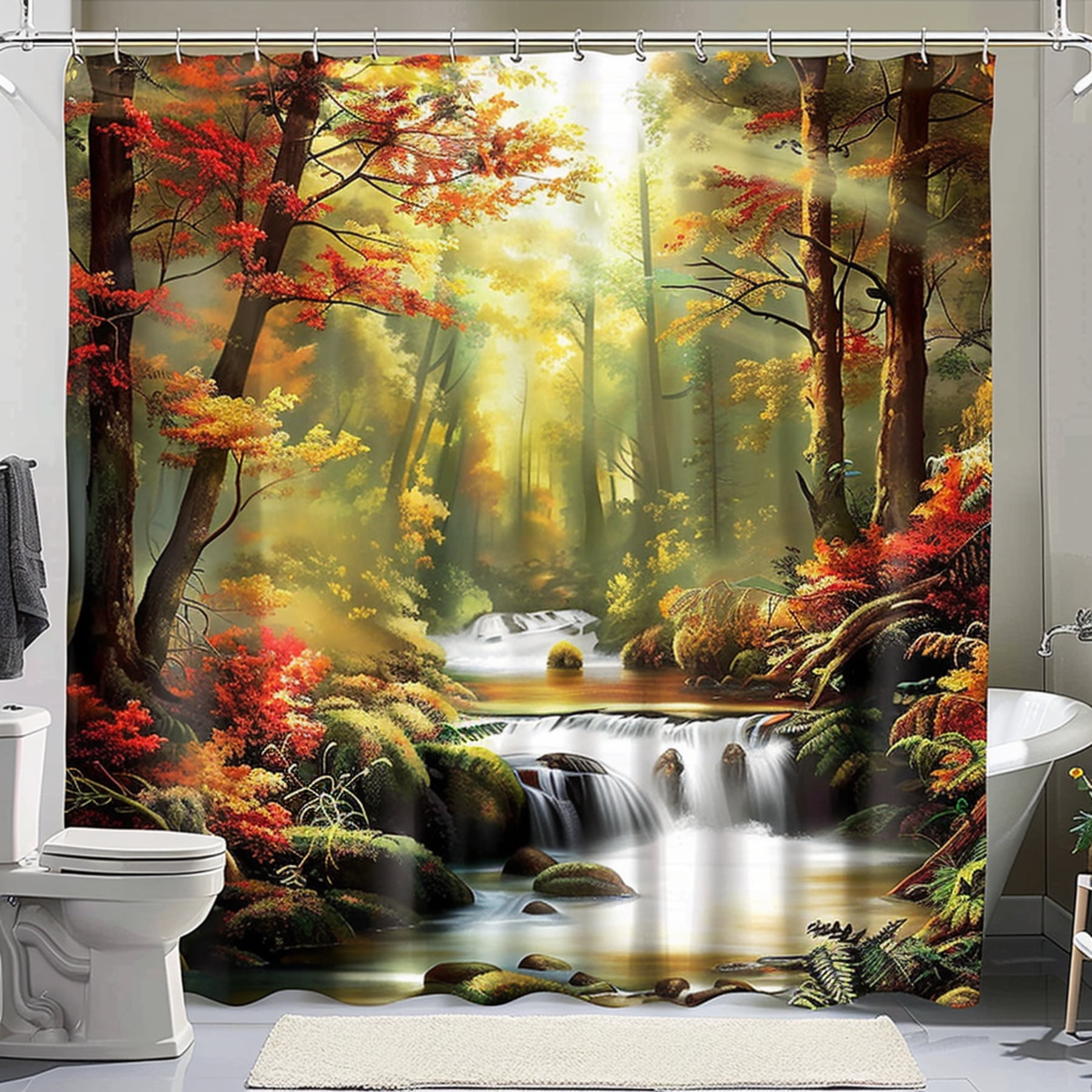 Autumn Forest River Shower Curtain Vibrant Nature Scene Red Leaves