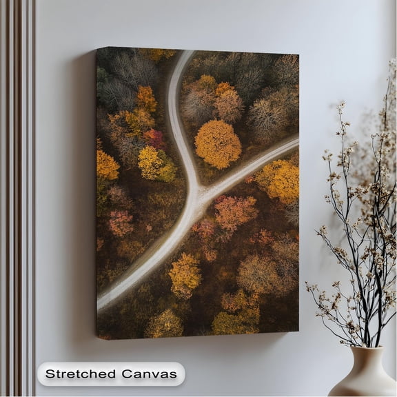 Autumn Forest Road Wall Art Aerial Landscape Art With Anthracite Modern Rustic Decor