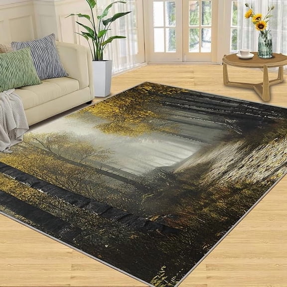 Autumn Forest Rug, Rugs for Bathroom, Golden Leaves Rug - Home Decor, Mist Fores Area Rug, Winding Path Rugs for Bedroom, Dark Tree Trunks Carpet, Fashion Mat 5 x 8ft