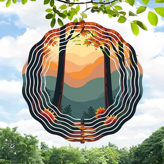 Autumn Forest Scene Metal Wind Spinner & Chime - Elegant Trees Pathway Rolling Hills Leafy Border - Perfect for Yard & Garden Decor