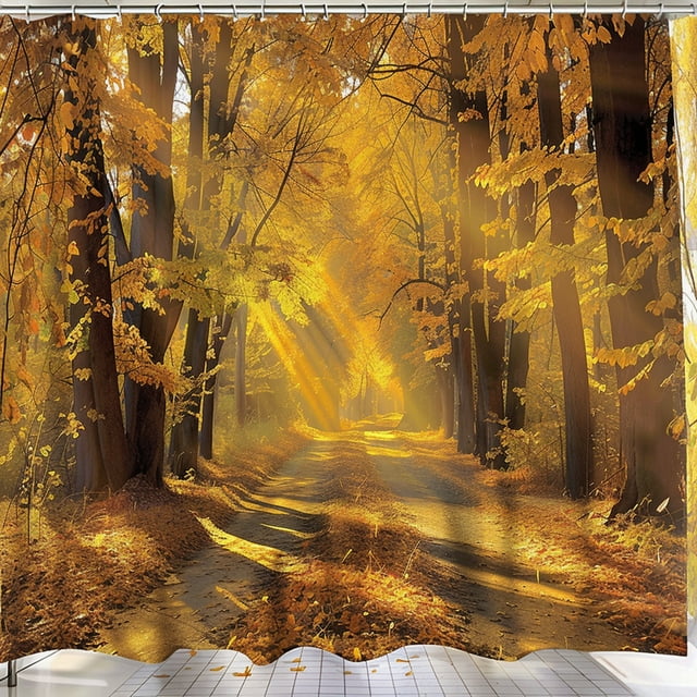 Autumn Forest Shower Curtain Set Golden Leaves Nature Landscape