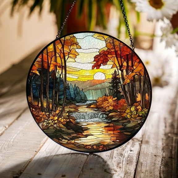 Autumn Forest Stained Glass Suncatcher, Sunset Over River Scene, Round Glass Window Hanging, Fall Decor, Woodland Art, Nature Lover Gift