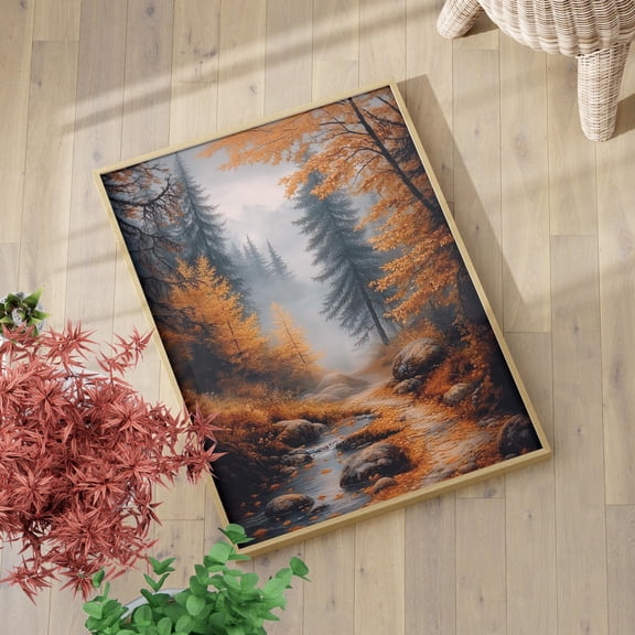 Autumn Forest Stream And Path Wall Art Poster Fall Landscape Print Cottagecore Decor Woodland Print Fall Season Wall Decor , Poster Print Only