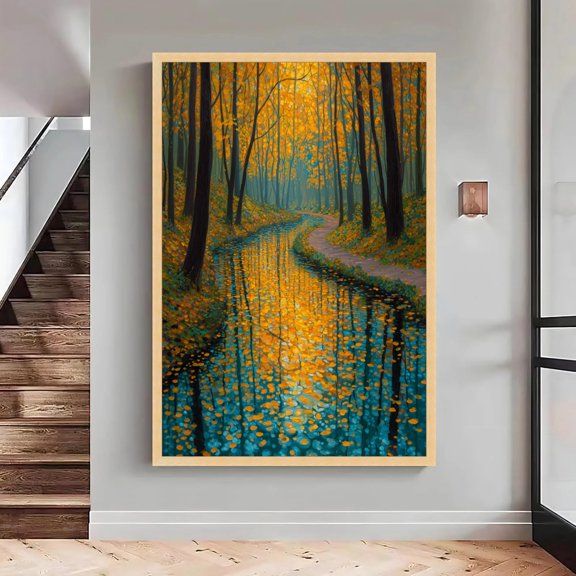 Autumn Forest Stream, Golden Fall Leaves Reflection, Serene Nature Landscape Wall - Large, Oversized Poster, Poster Only