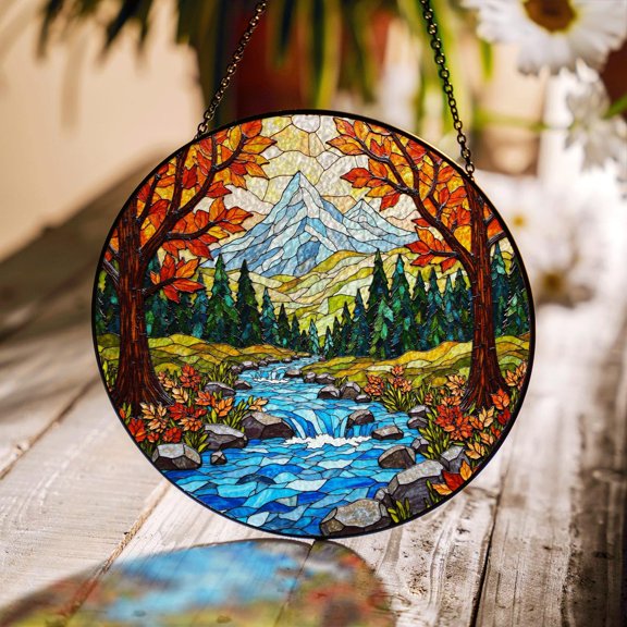 Autumn Forest Stream Suncatcher, Stained Glass Mountain River, 3.5 in