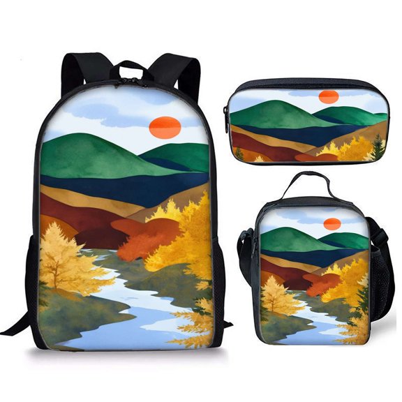 Autumn Forest Sunset Backpacks Bookbag Bags Rucksack Lunch Bag Pen Bag Three-Piece Set