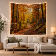 Autumn Forest Trail with Rustic Wooden Fence, Serene Rustic for Nature Lovers, Woodland Path Art, Thanksgiving Gift, Tapestry Wall Hanging for Bedroom and Living Room