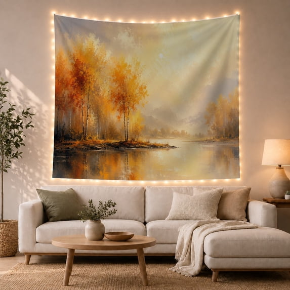 Autumn Forest and Tranquil Lake, Serene Impressionist Landscape for Nature Lovers, Wall Art Decor, Housewarming Gift Tapestry Wall Hanging for Bedroom and Living Room