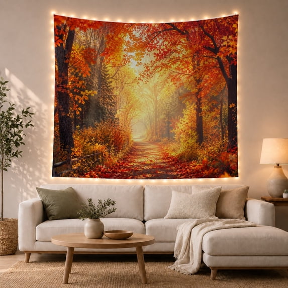 Autumn Forest With Vibrant Foliage on a Sunlit Dirt Path, Serene Rustic for Nature Lovers, Forest Wall Decor Art, Housewarming Gift, Tapestry Wall Hanging for Living Room and Bedroom
