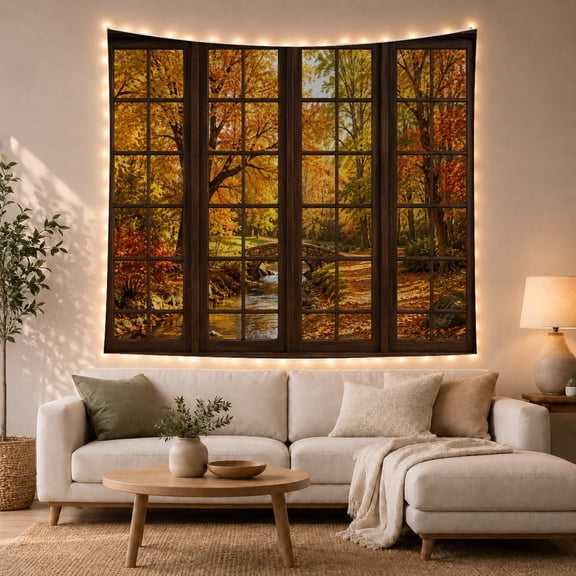 Autumn Forest View Through Window with River and Stone Bridge, Nostalgic Rustic for Nature Lovers, Scenic Woodland Wall Art, Housewarming Gift, Tapestry Wall Hanging for Living Room and Bedroom