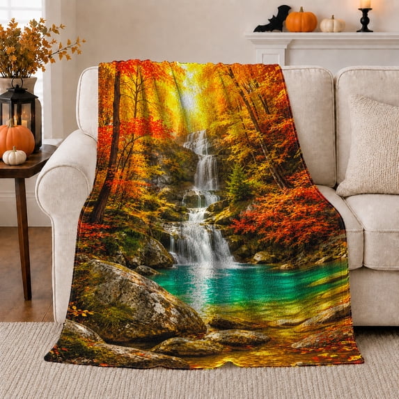 Autumn Forest Waterfall with Emerald Pool and Red Maples, Serene Woodland Stream Scene for Nature Lovers, Housewarming Gift, Soft Flannel Blanket for Cabin and Lodge, Rustic Home Decor