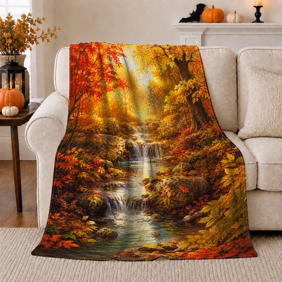 Autumn Forest Waterfall with Golden Leaves and Stream, Serene Nature Landscape for Outdoor Enthusiasts, Housewarming Gift, Cozy Flannel Blanket for Cabin and Lodge, Rustic Home Decor