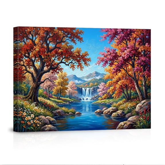 Autumn Forest Waterfall Mountain Fall Foliage River Landscape For Living Room Bedroom Nature Home Canvas