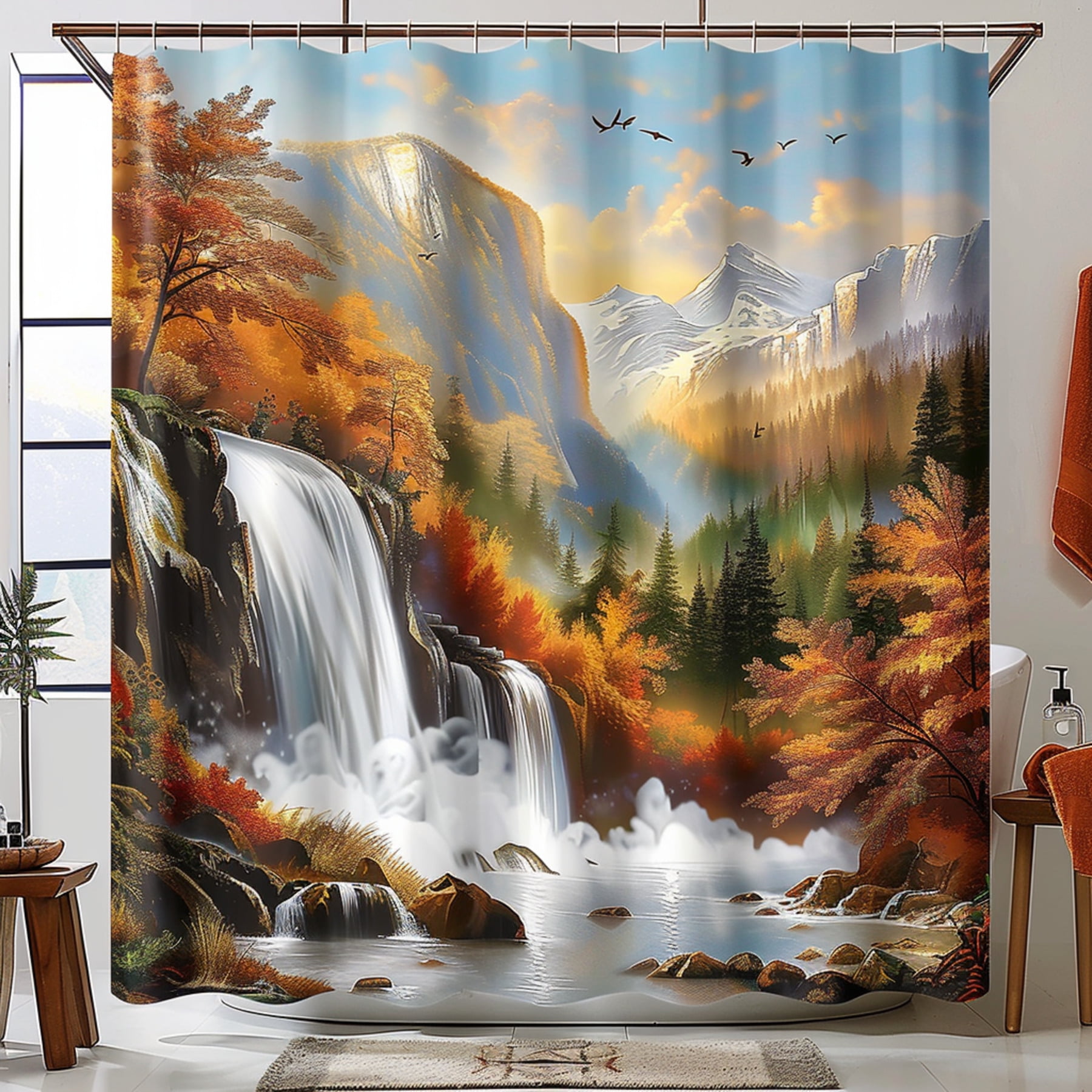 Autumn Forest Waterfall Shower Curtain Mountain Landscape Bathroom