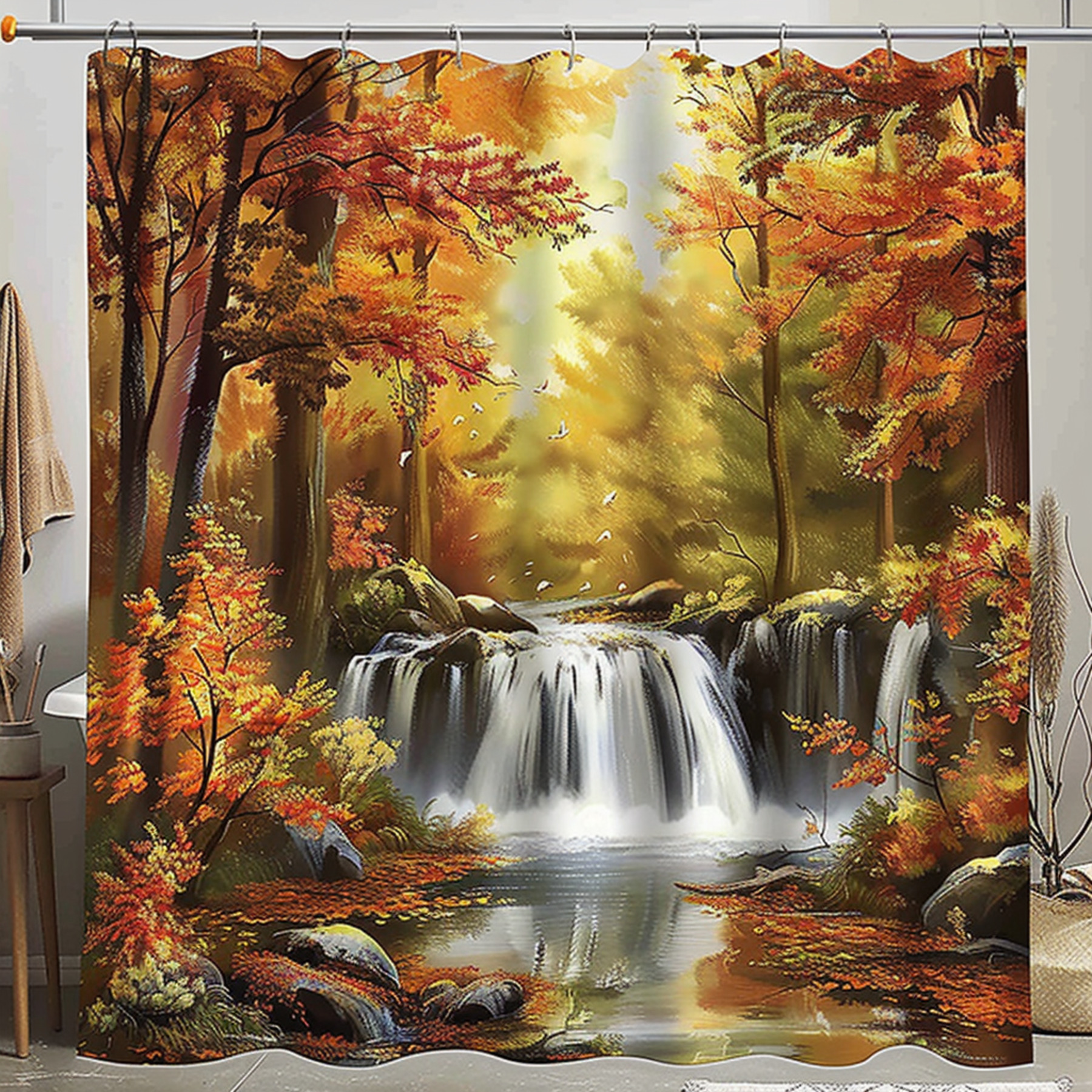Autumn Forest Waterfall Shower Curtain Nature Landscape Bathroom Decor