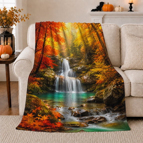 Autumn Forest Waterfall with Turquoise Pool and Red Leaves, Serene Woodland Landscape for Nature Lovers, Housewarming Gift, Soft Flannel Blanket for Cabin and Living Room, Rustic Home Decor
