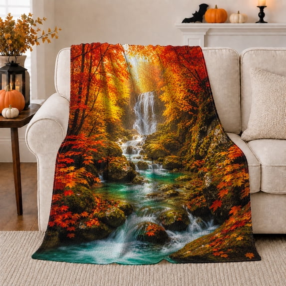 Autumn Forest Waterfall with Turquoise Pool and Red Leaves, Serene Woodland Stream Scene for Nature Lovers, Housewarming Gift, Cozy Flannel Blanket for Cabin and Lodge, Rustic Home Decor