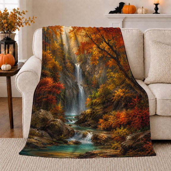 Autumn Forest Waterfall beside Mossy Rocks, Serene Woodland Stream Scene for Nature Lovers, Housewarming Gift, Soft Flannel Blanket for Cabin and Guest Room, Rustic Home Decor