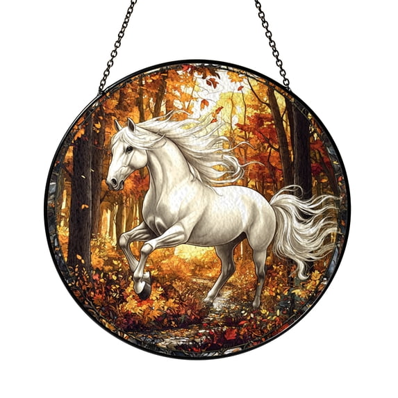 Autumn Forest White Horse Stained Glass Suncatcher Round Window Hanging ...