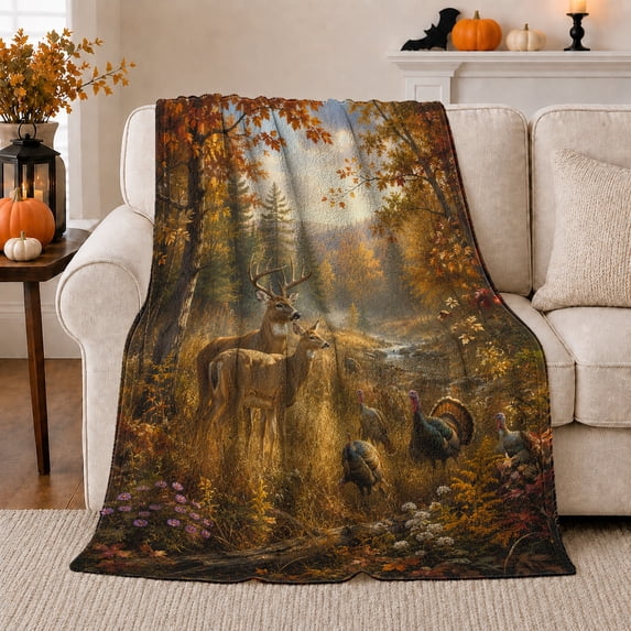 Autumn Forest Wildlife Deer Wild Turkeys Scene Rustic, Peaceful Woodland Scene, Warm Flannel Blanket for Cabin and Lodge, Art Lovers Father's Day Gift, Artistic Home Decor