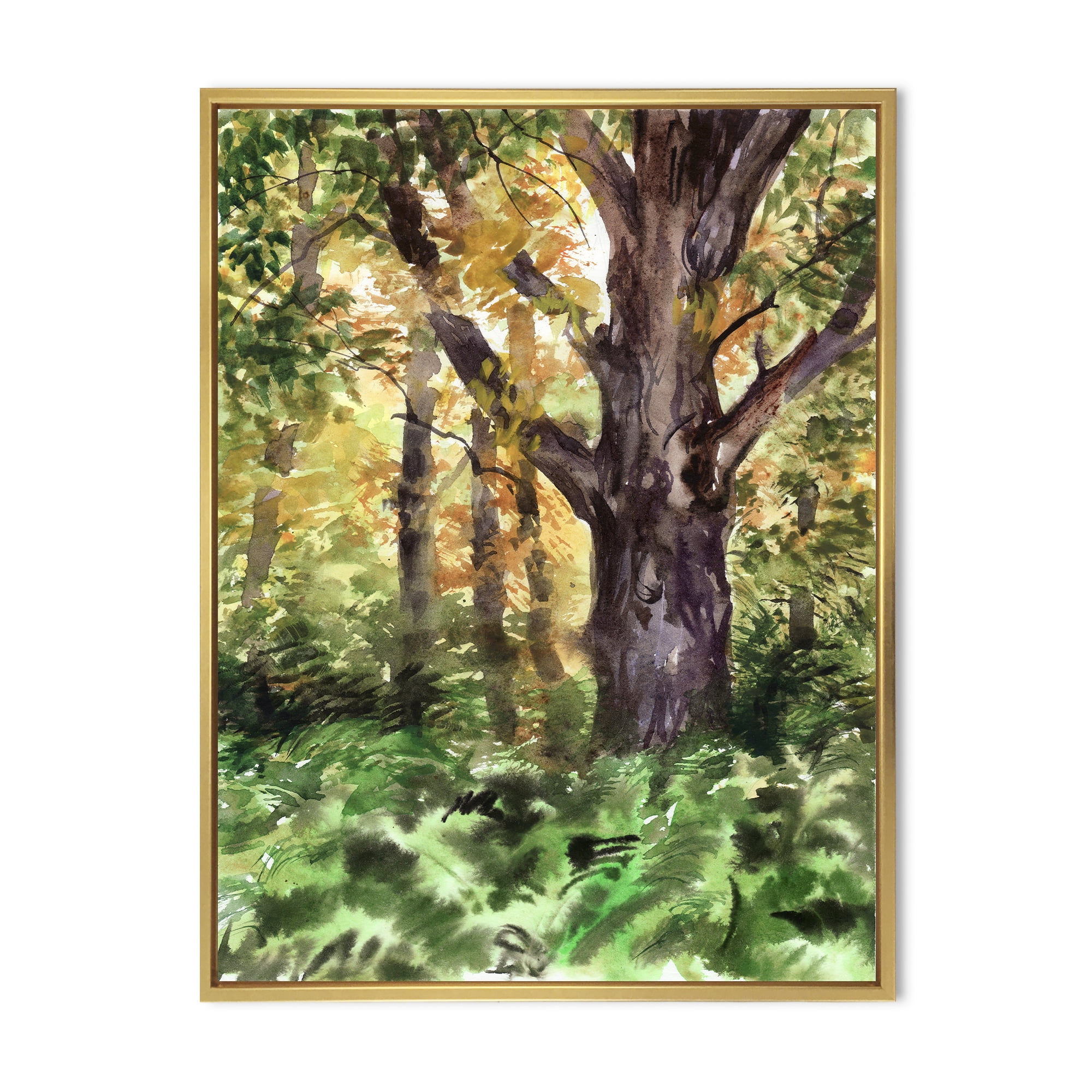 Autumn Forest With A Large Tree 16 in x 32 in Framed Painting Canvas Art Print, by Designart