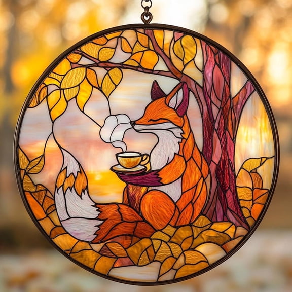 Autumn Fox Acrylic Suncatcher  Fox With Tea Faux Stained Glass Suncatcher Acrylic Window Hanging Gift For Fox Lovers